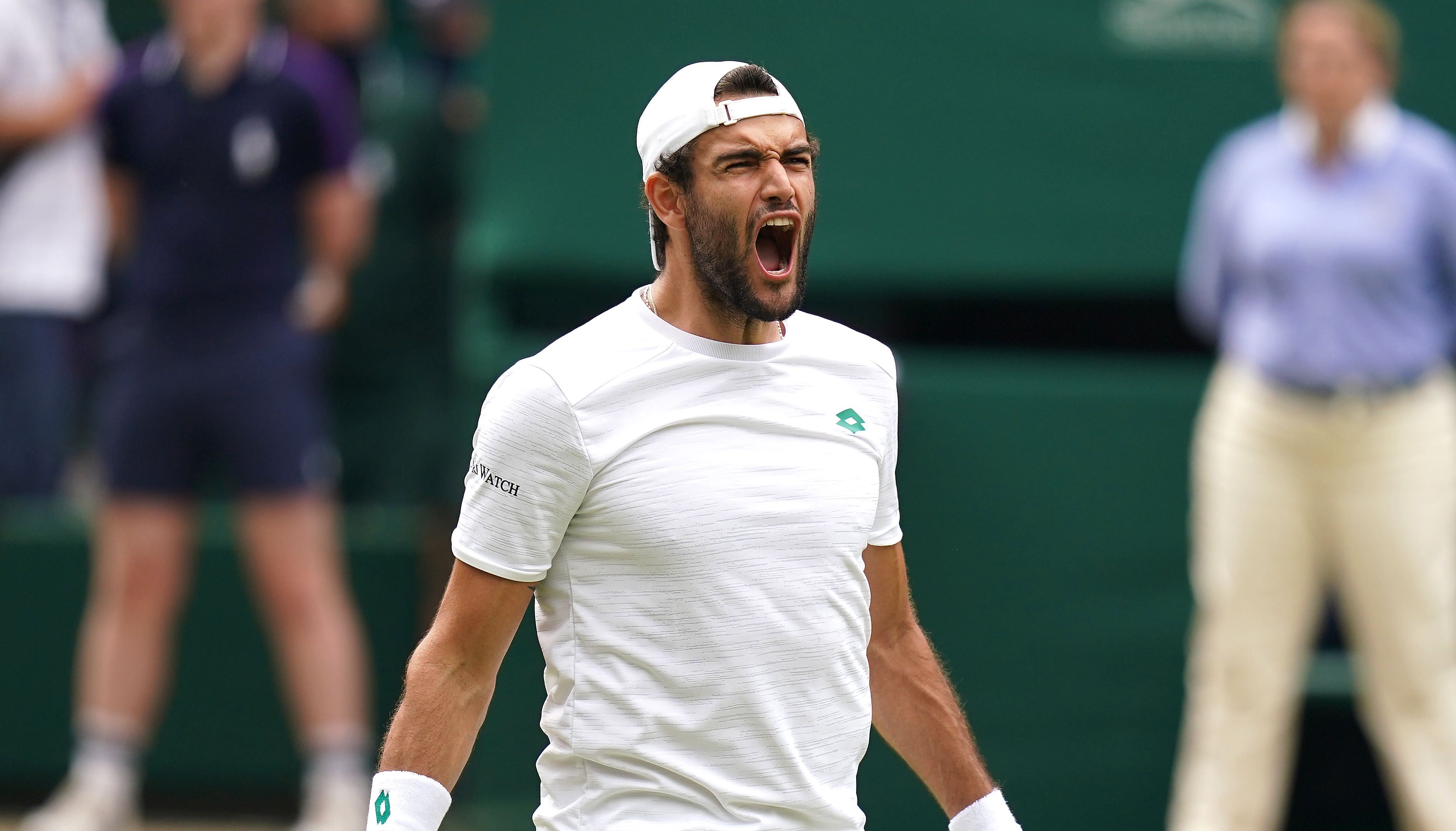 Matteo Berrettini celebrates victory against Hubert Hurkacz in the mens singles semi final match on day eleven of Wimbledon at The All England Lawn Tennis and Croquet Club, Wimbledon. Picture date: Friday July 9, 2021.