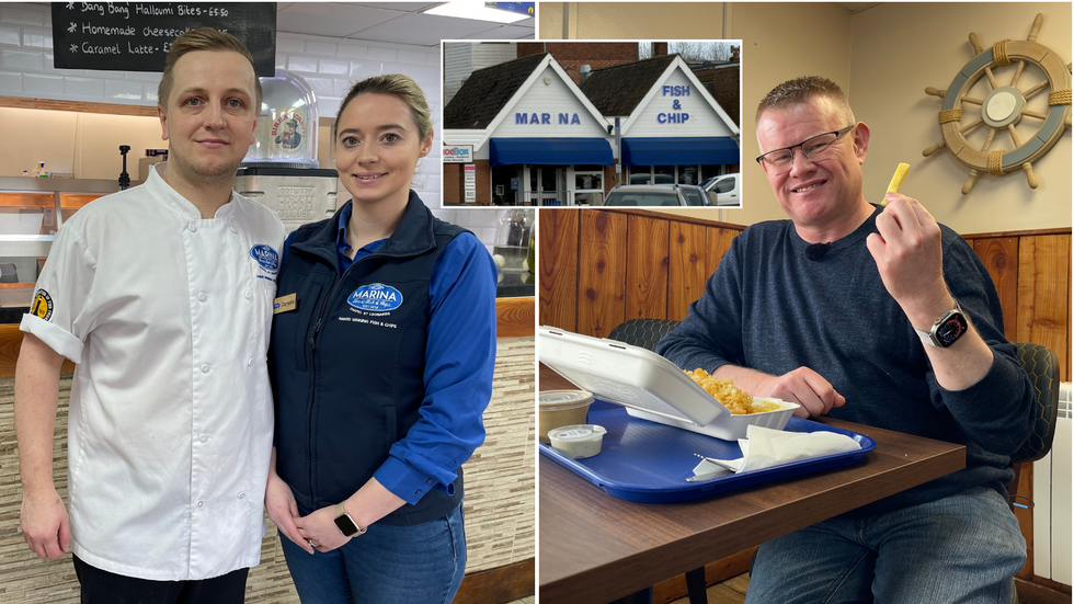 Matthew and Danielle Etches, Owners of Marina Fish and Chips, Andrew Crook, President of National Federation of Fish Friers, Marina Fish and Chips