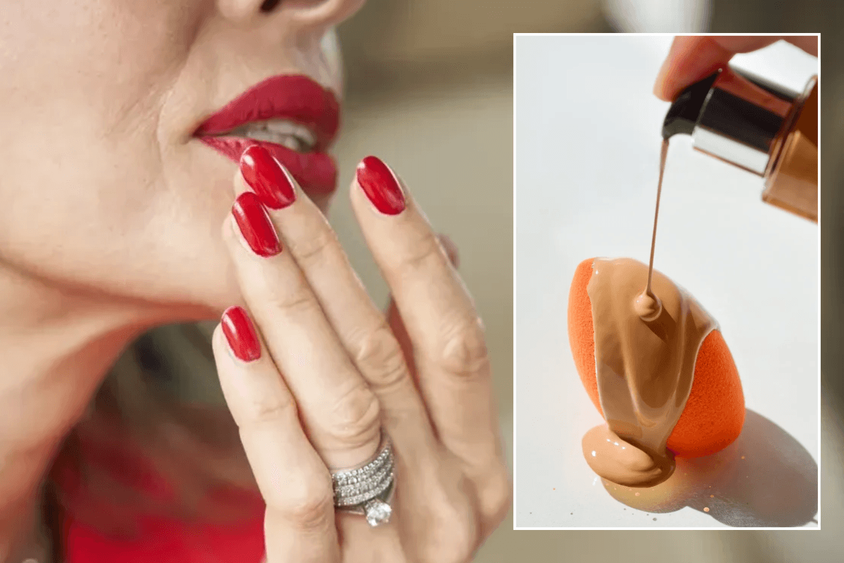 Mature woman wearing red lipstick / heavy foundation on beauty blender