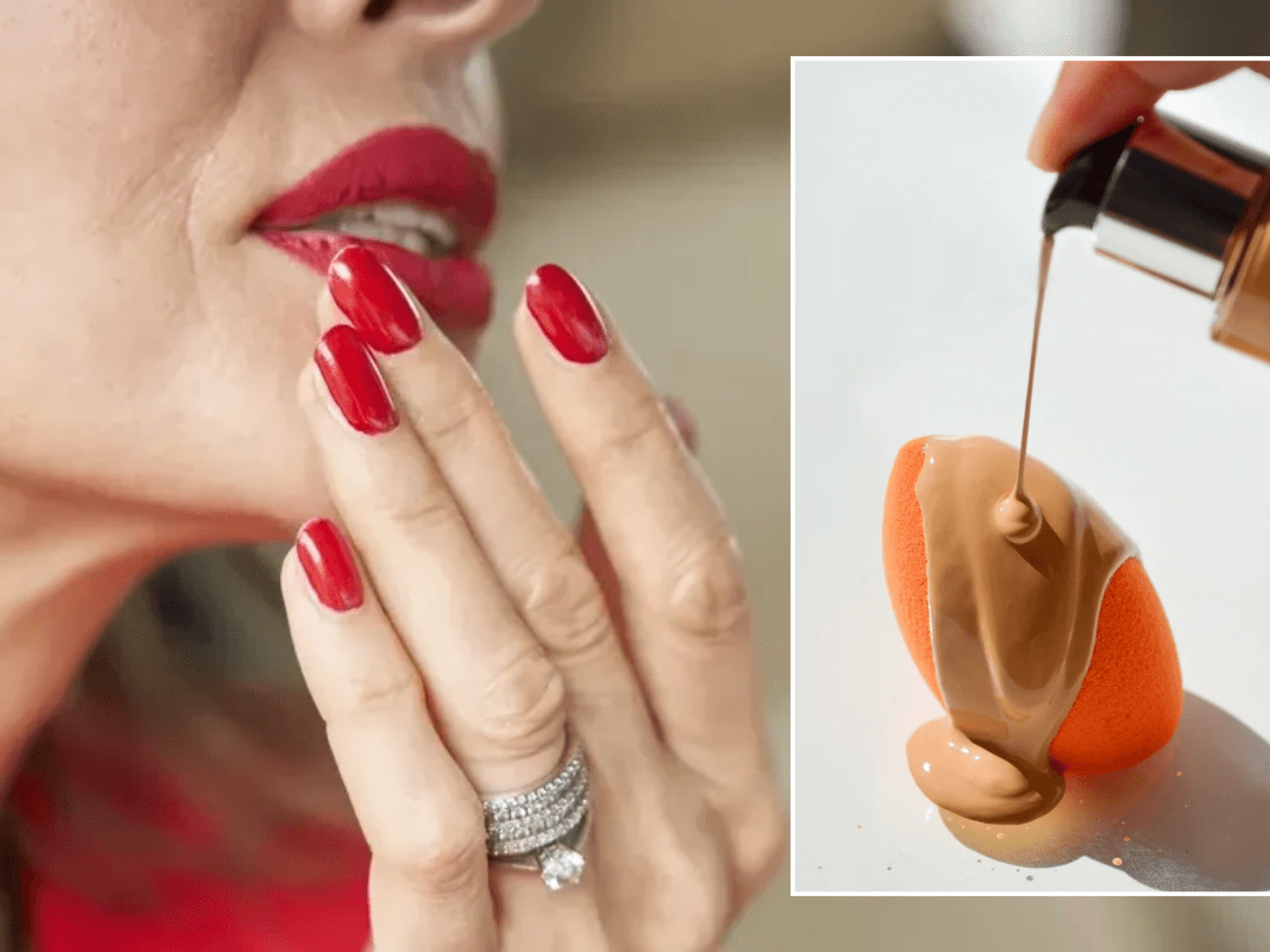Mature woman wearing red lipstick / heavy foundation on beauty blender