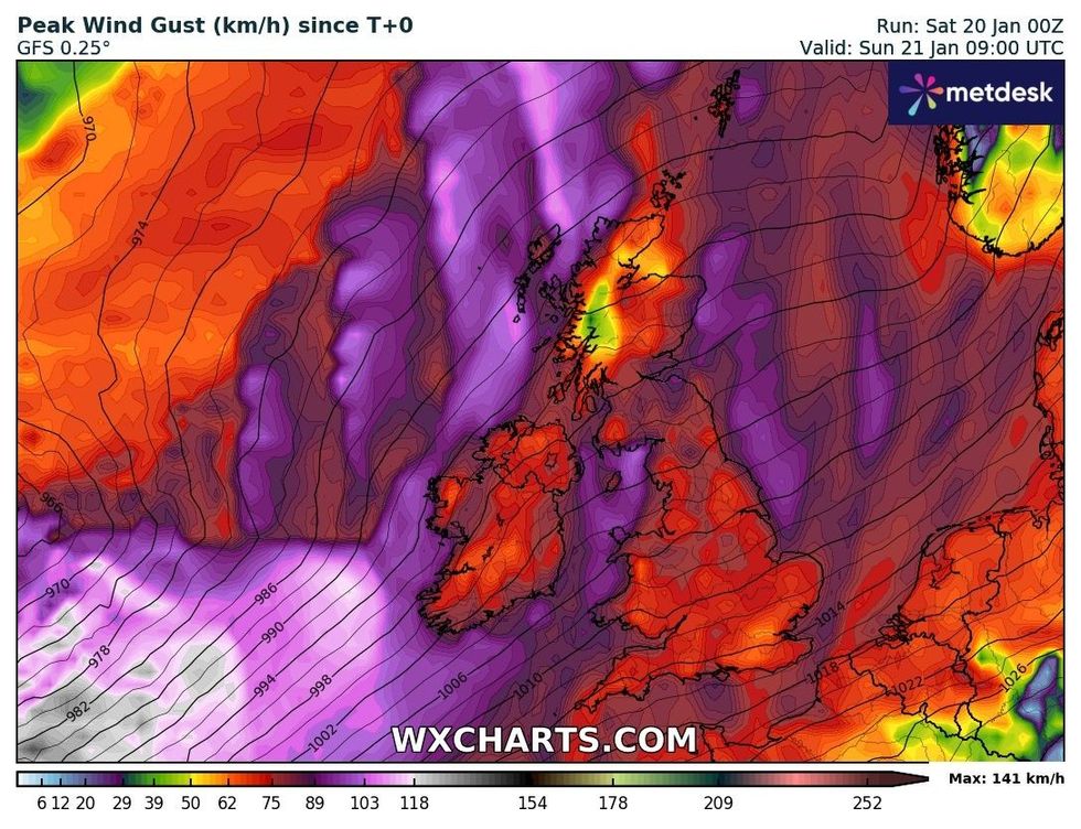 Max gusts across the UK on Sunday