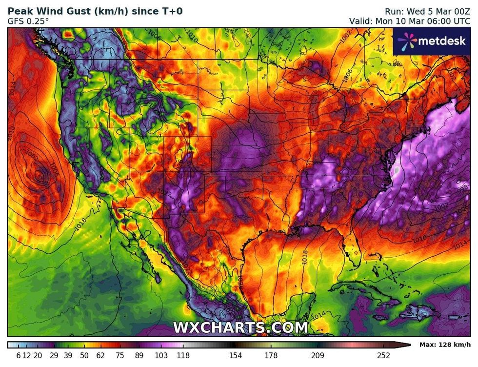 Max wind gusts in North America in mid-March