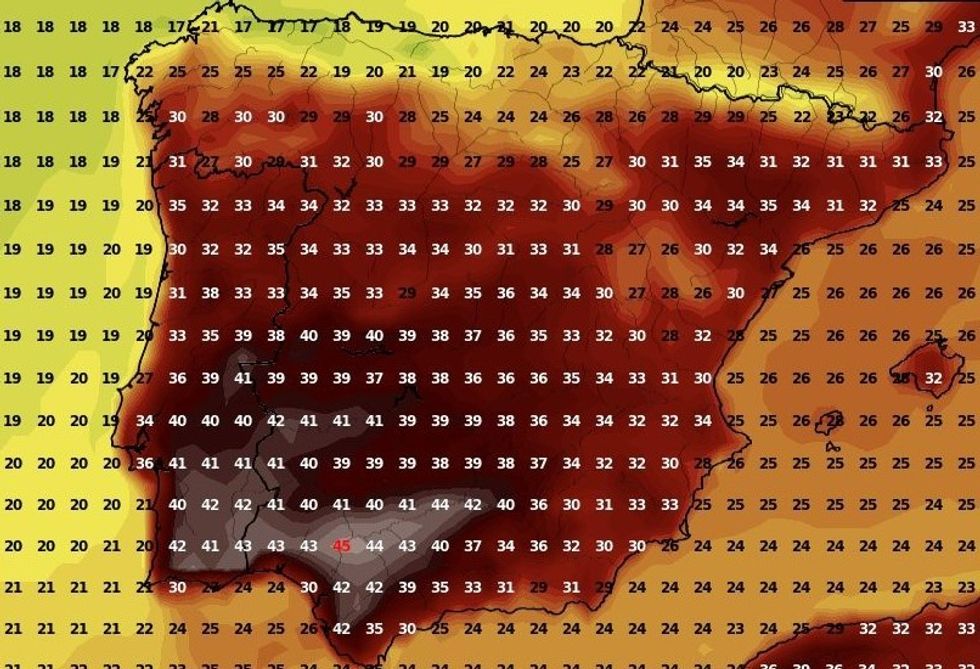 Maximum temperatures across Iberia, according to WXCHARTS