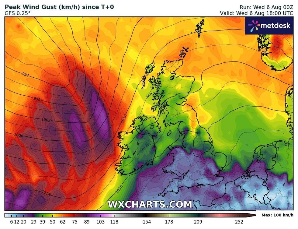 Maximum wind gusts across the UK later today