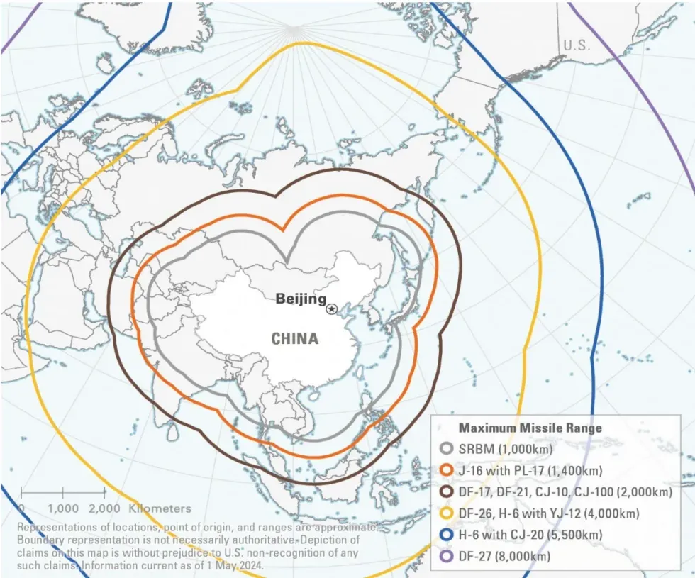 May 2024 assessment of Chinese missile ranges by the Pentagon\u200b