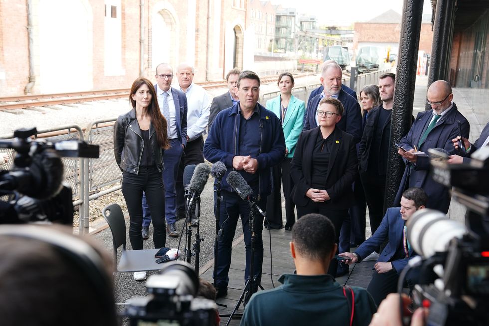 Mayor of Greater Manchester Andy Burnham speaks a press conference at Museum of Science and Industry, Manchester