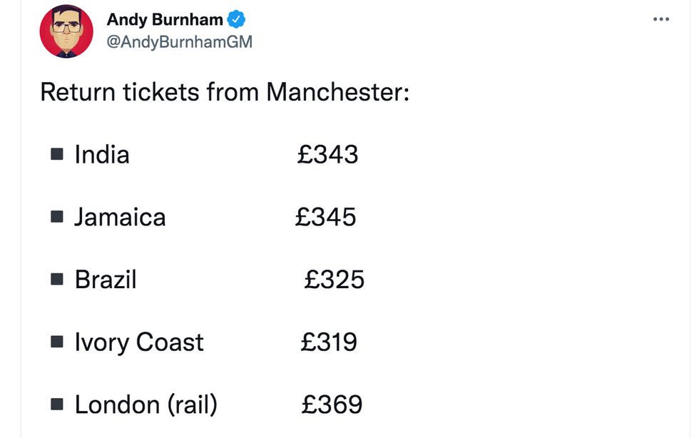 Mayor of Greater Manchester posted on the train and flight prices on social media