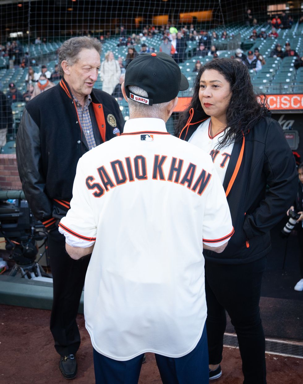 Mayor of London Sadiq Khan at the San Francisco Giants v Colorado Rockies baseball game at Oracle Park with the Mayor of San Francisco