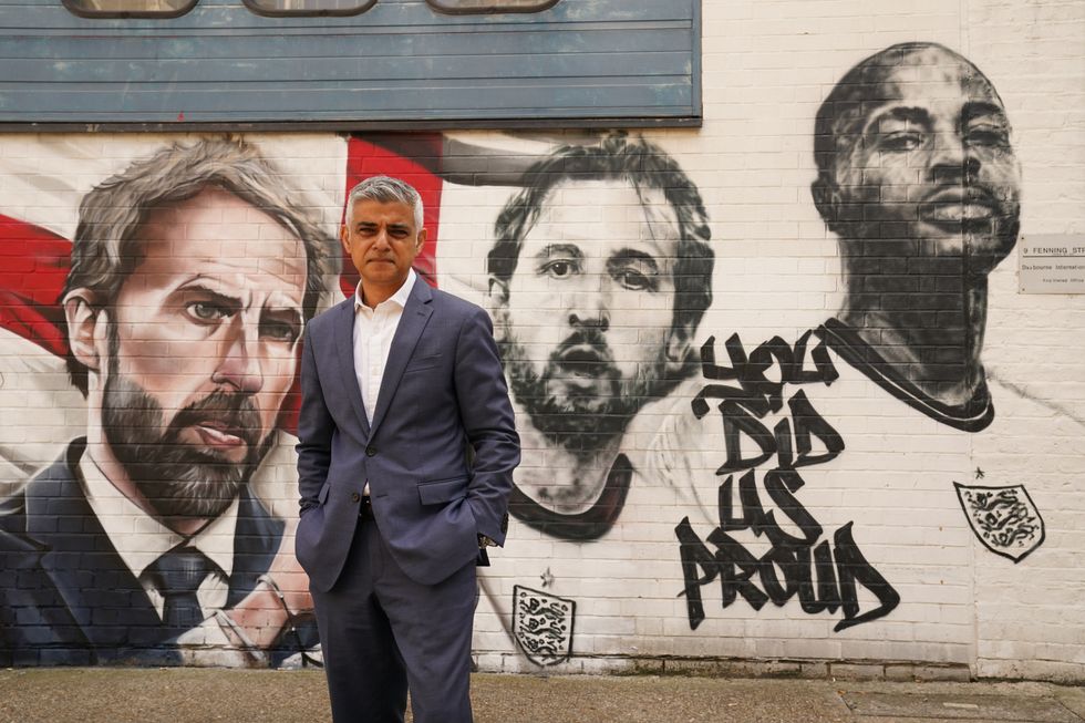 Mayor of London Sadiq Khan at the unveiling mural of England's Gareth Southgate, Harry Kane and Raheem Sterling at Vinegar Yard, London