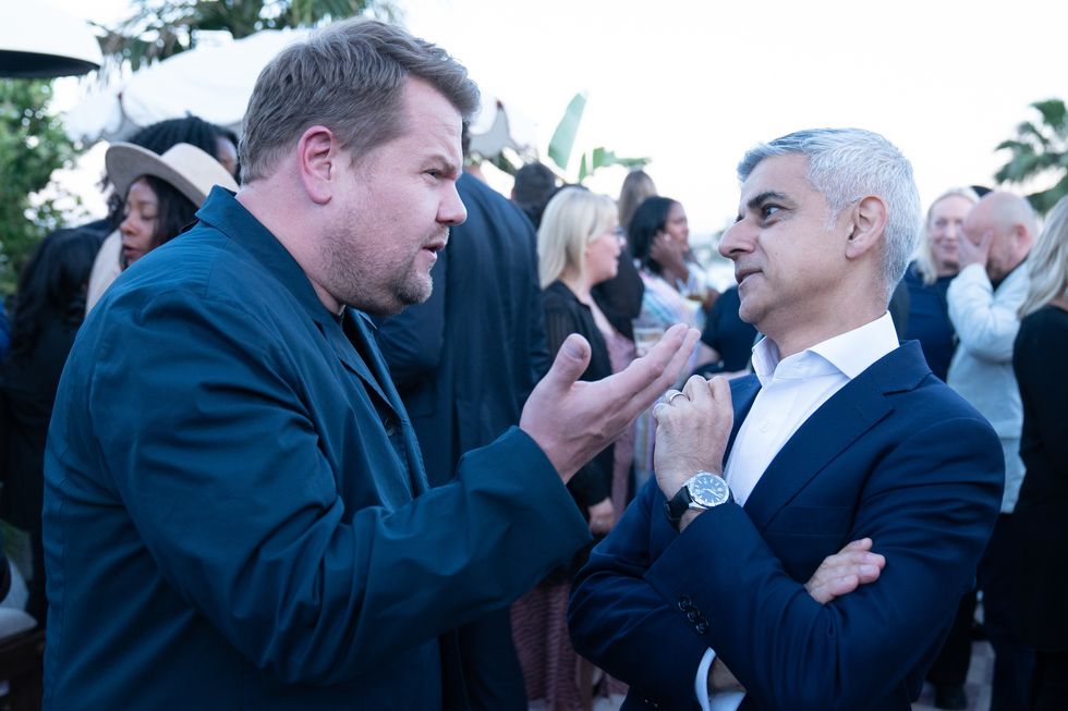 Mayor of London Sadiq Khan chats to actor, James Corden at a reception for the creative industries hosted by the mayor in Hollywood, California during his 5 day visit to the US in a bid to boost London's tourism industry. Picture date: Tuesday May 10, 2022.