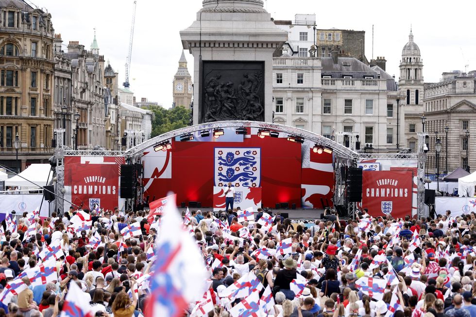Mayor of London Sadiq Khan on stage during a fan celebration to commemorate England's historic UEFA Women's EURO 2022 triumph in Trafalgar Square, London. Picture date: Monday August 1, 2022.
