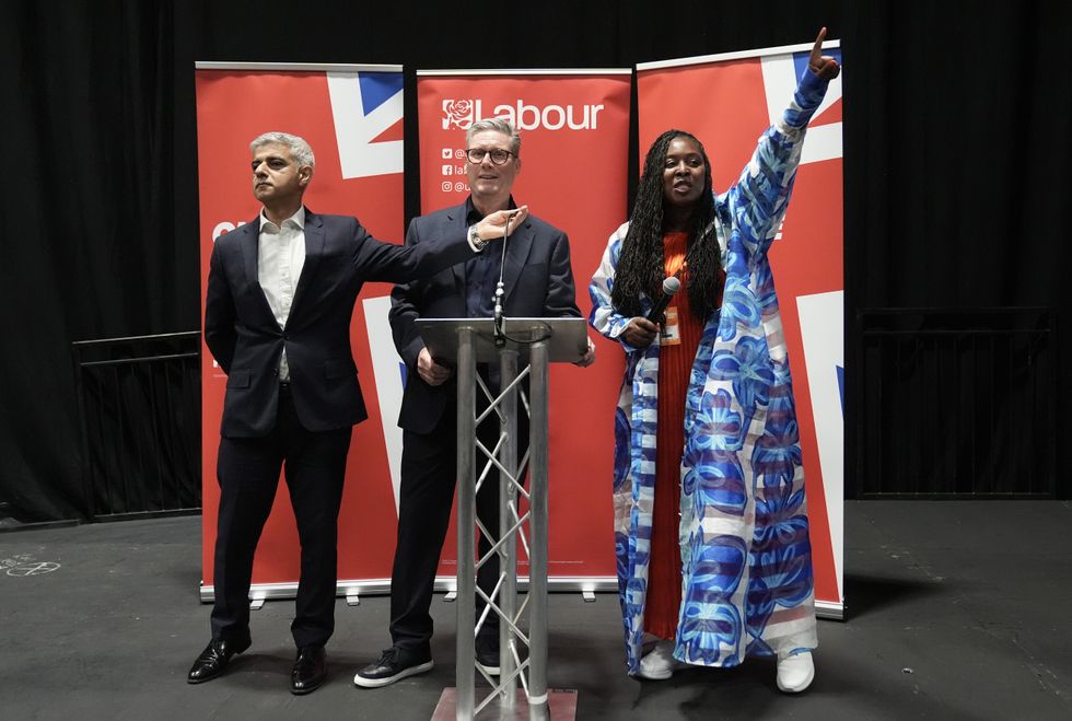 Mayor of London Sadiq Khan, Prime Minister Sir Keir Starmer and Dawn Butler, MP for Brent East at a reception during the Labour Party Conference in Liverpool