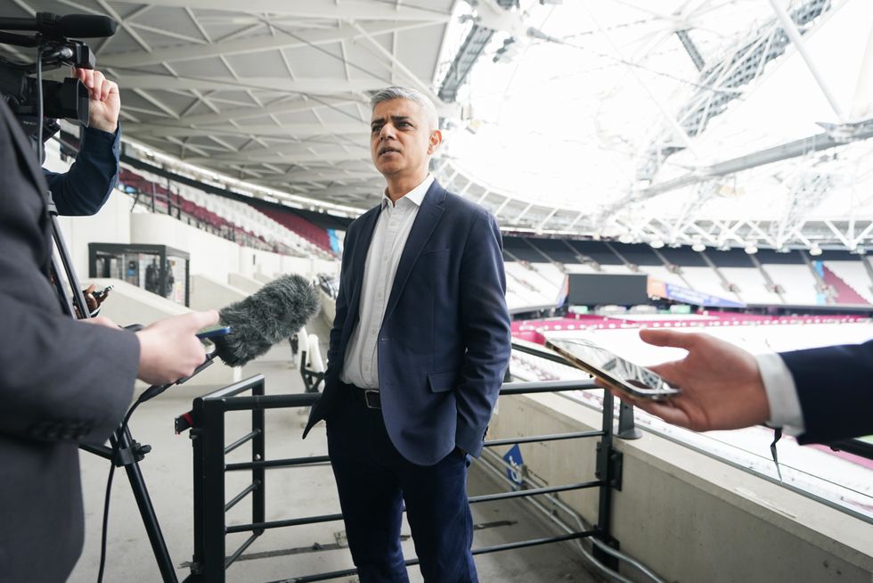 Mayor of London Sadiq Khan speaking to the media at London Stadium