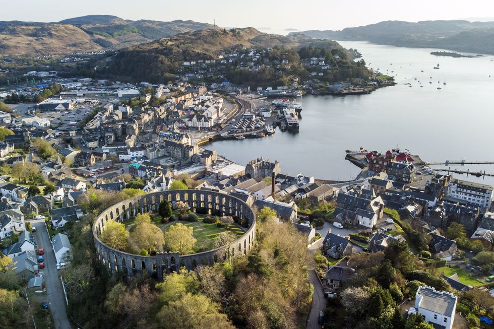 McCaig's Tower on Battery Hill overlooking the town of Oban in Argyll, on the West Coast of Scotland. The town was at the centre of the quake.