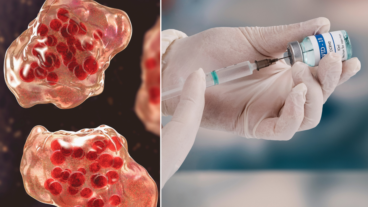 Measles illustration; injection being held by a medic with white gloves