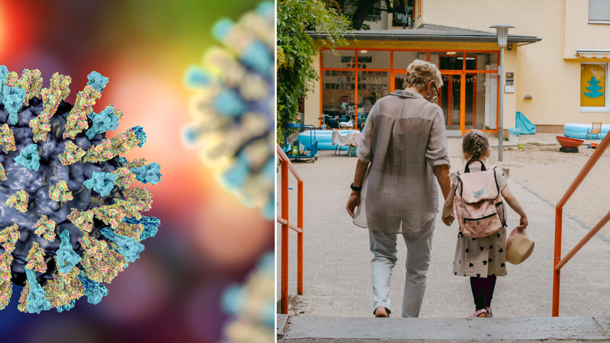 Measles illustration; parent taking a child to nursery/school