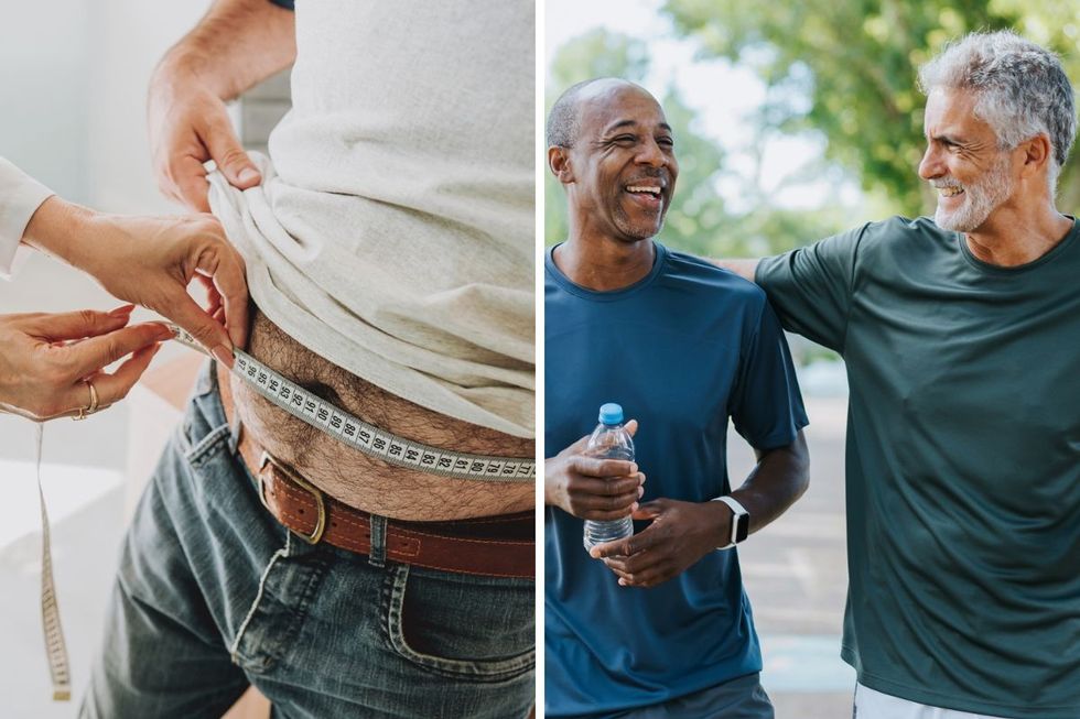 Measuring belly fat / Two men walking together