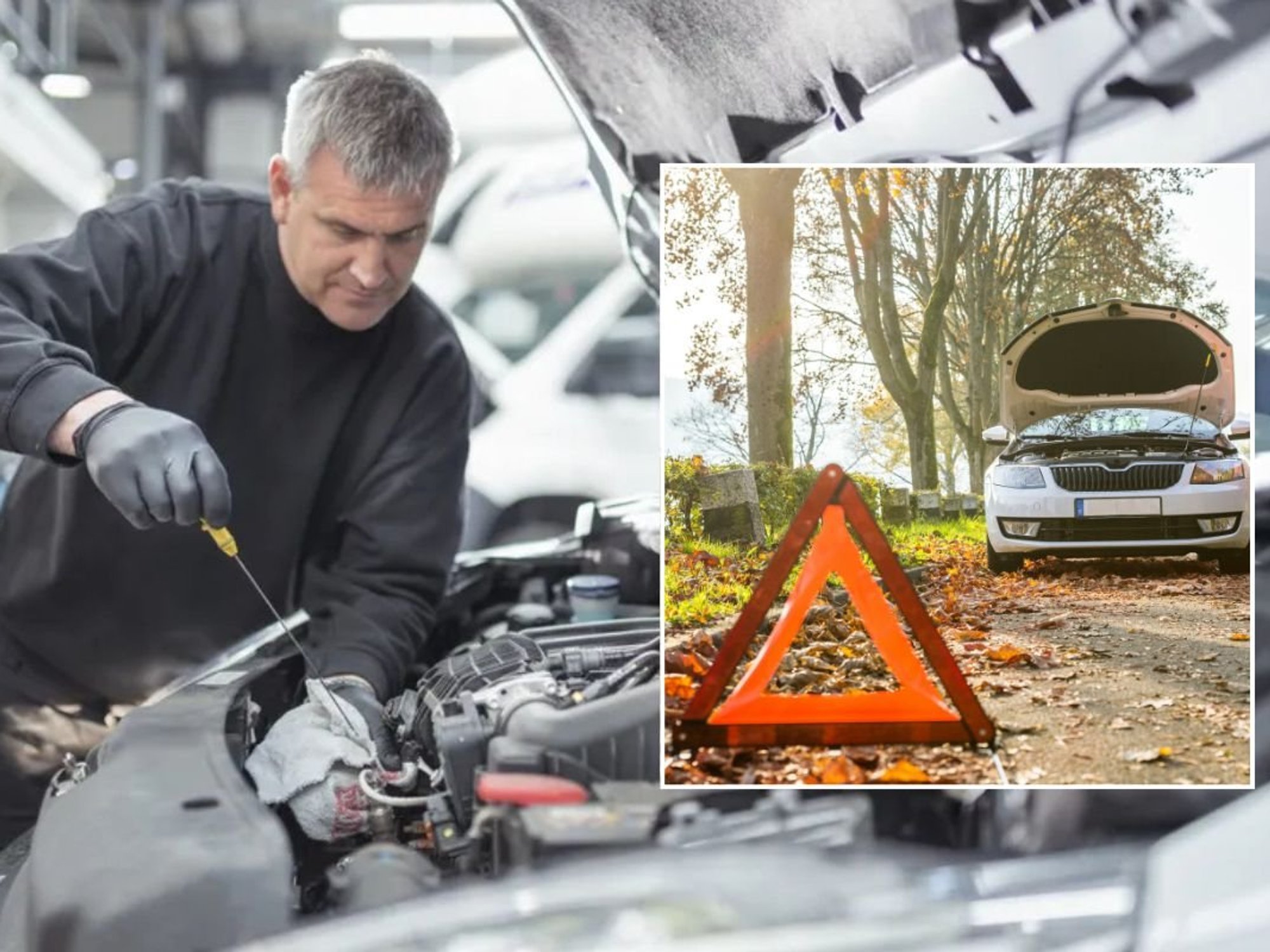Mechanic checking a vehicle and a broken down car