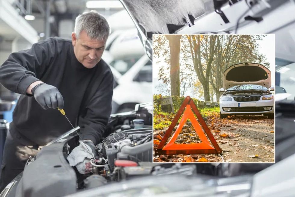 Mechanic checking a vehicle and a broken down car