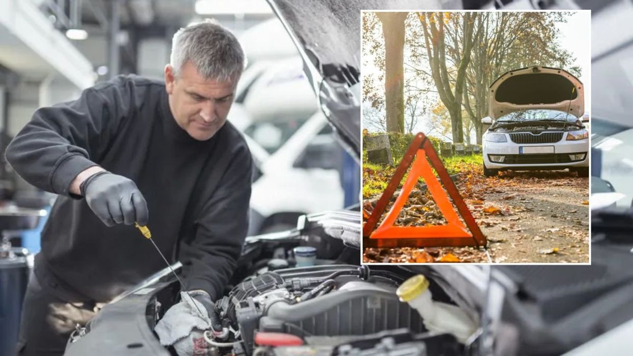 Mechanic checking an engine and a broken down vehicle