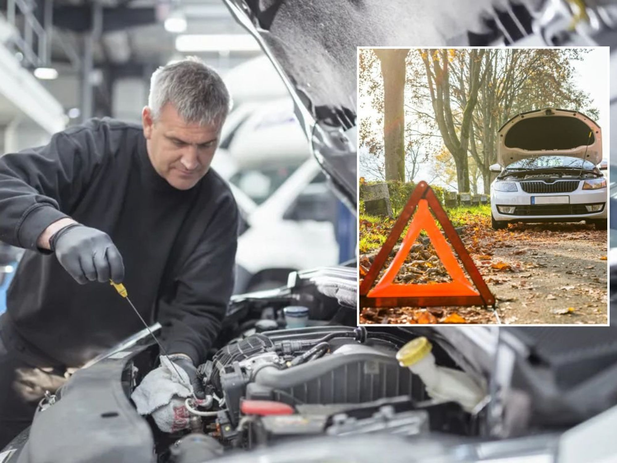Mechanic checking an engine and a broken down vehicle
