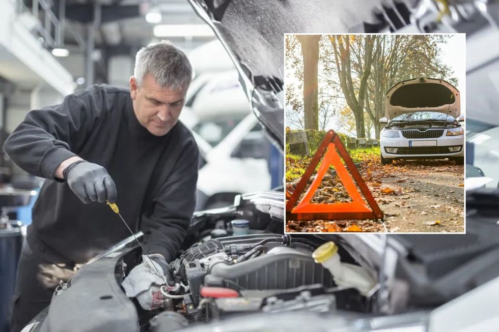 Mechanic checking an engine and a broken down vehicle