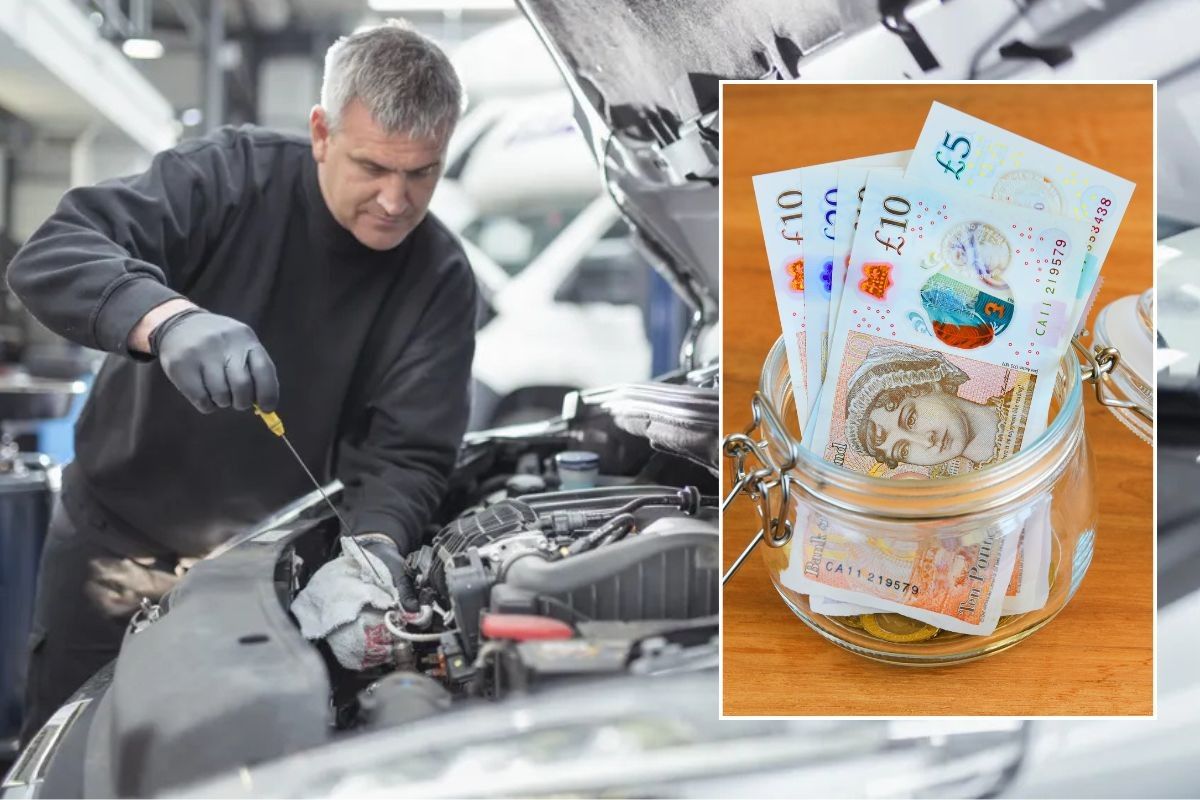 Mechanic checking engine and a pot of money