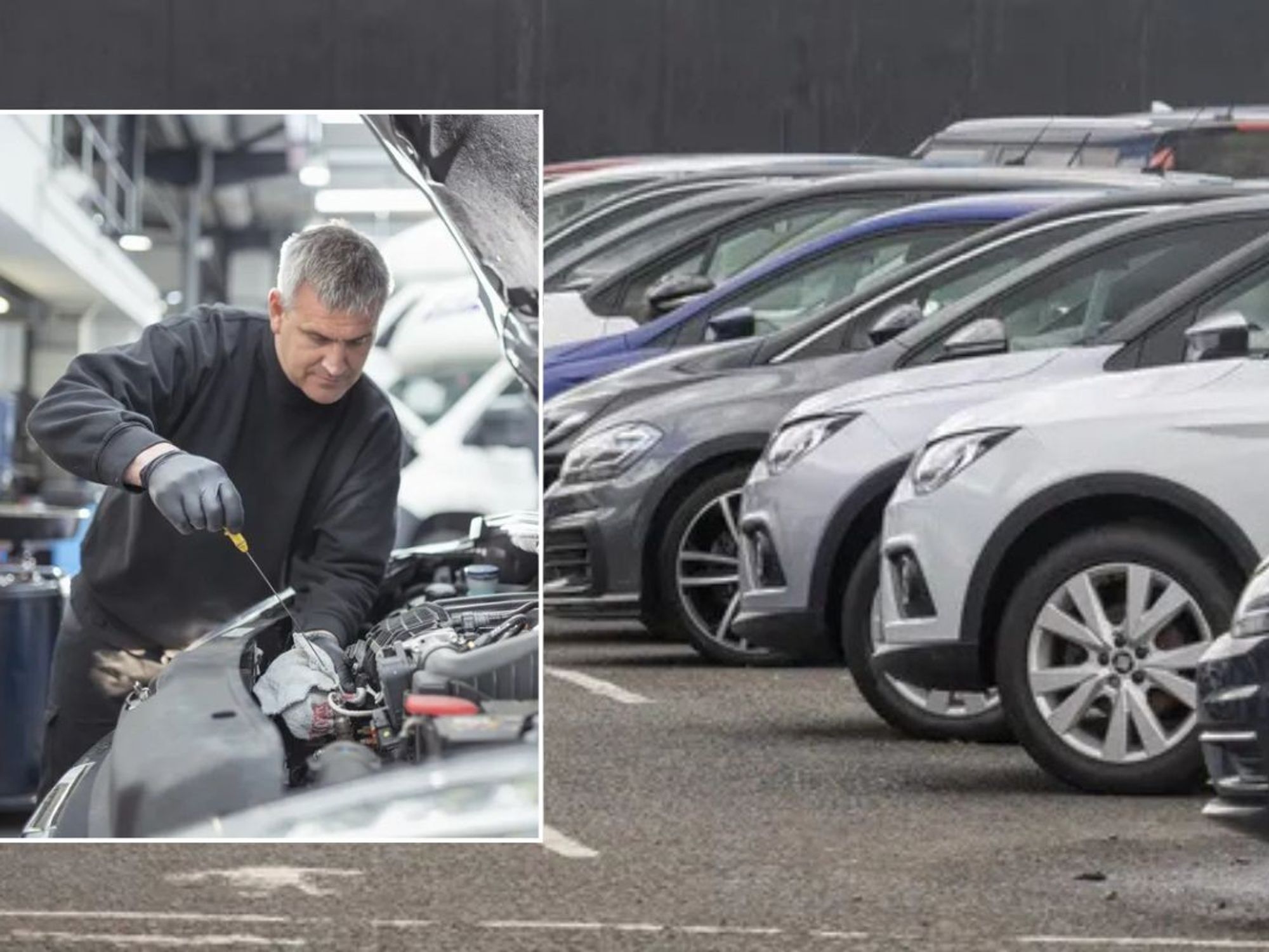 Mechanic conducting an MOT test and parked cars