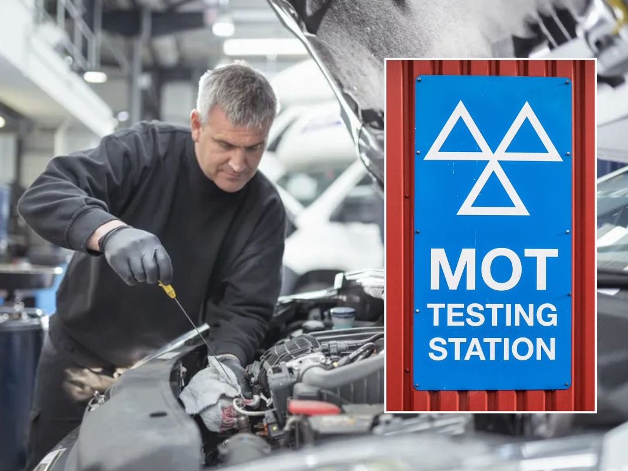 Mechanic performing an MOT test and an MOT test sign