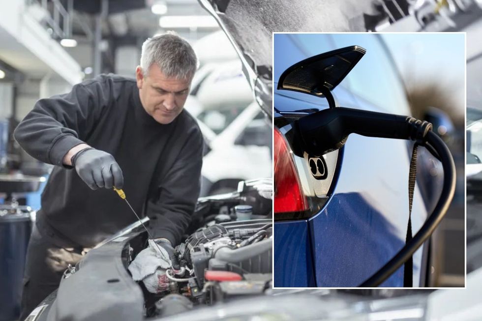 Mechanic performing MOT test and an electric car charger