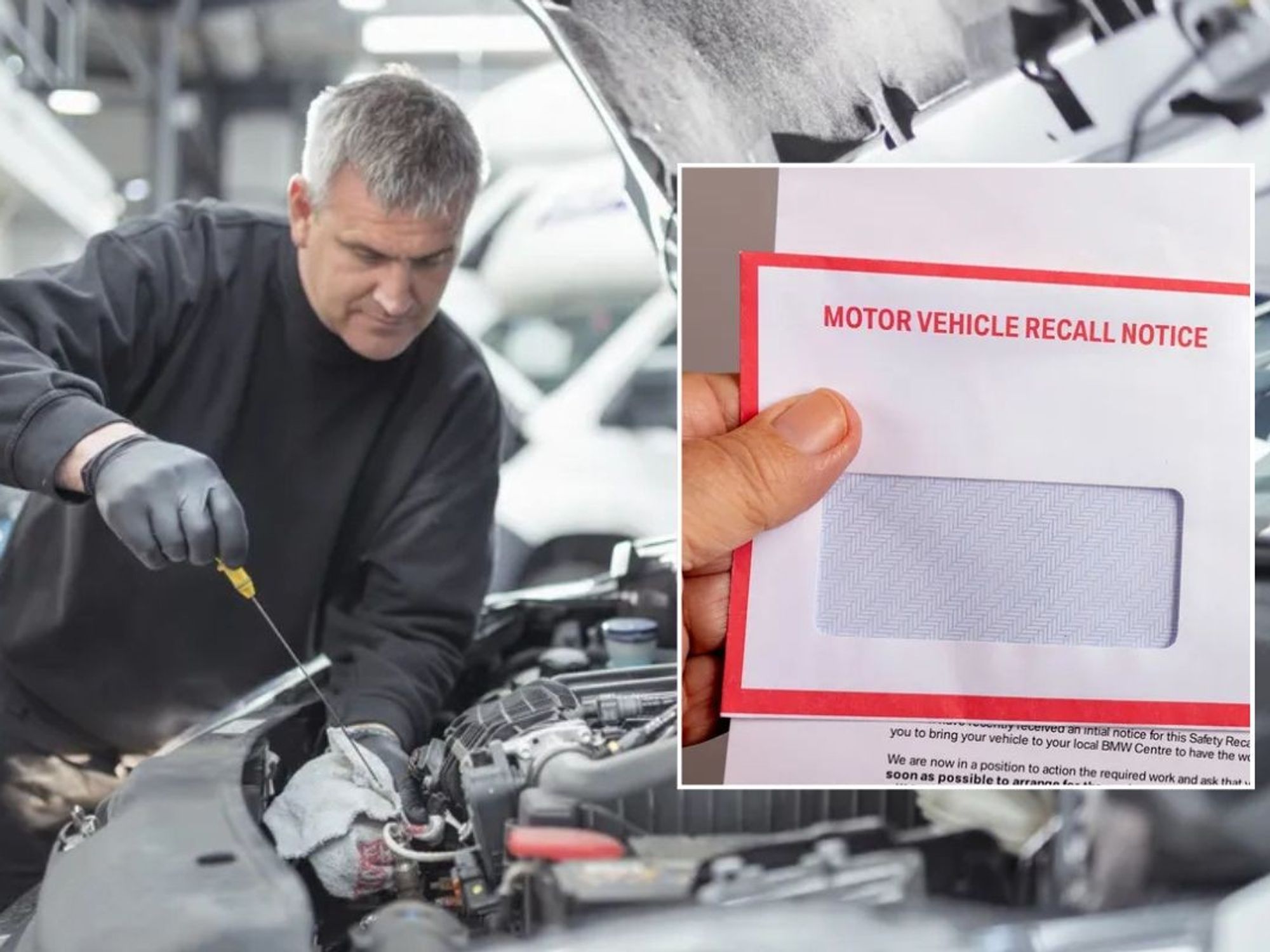 Mechanic repairing a car and a vehicle recall reminder letter