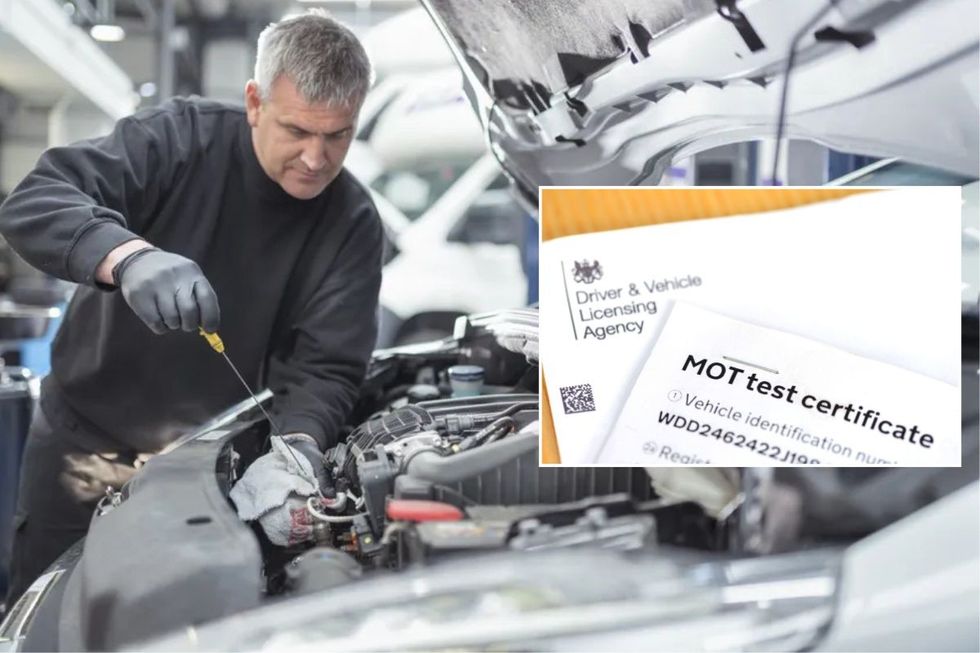 Mechanic repairing a car and an MOT test certificate