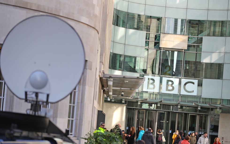 Media trucks outside BBC Broadcasting House in London