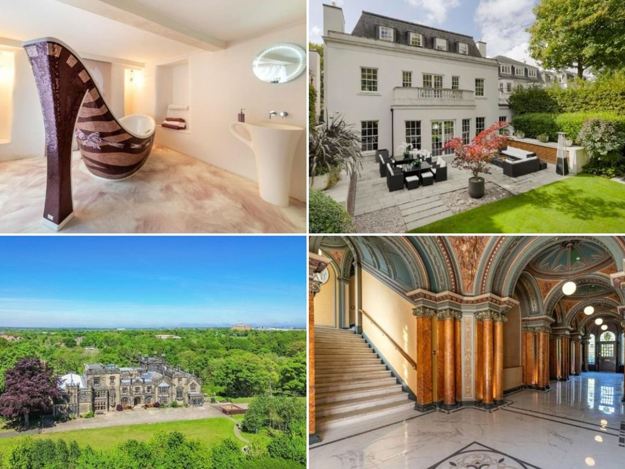 Medieval townhouse with a high-heeled bathtub in Wales / Palatial mansion in one of London's most exclusive postcodes / Georgian estate in the heart of Newcastle / Victorian townhouse with marble staircases in Glasgow's Park District