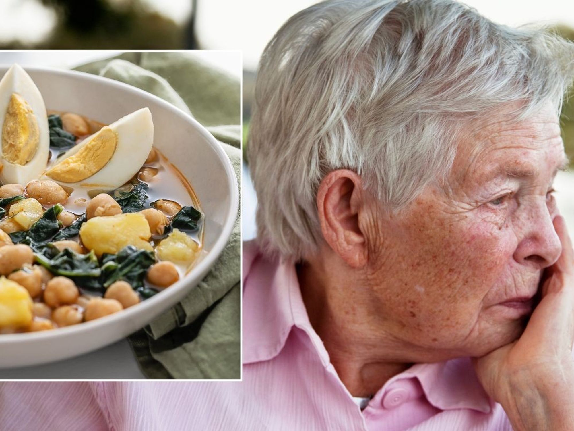 Mediterranean diet dish and woman looking into the distance