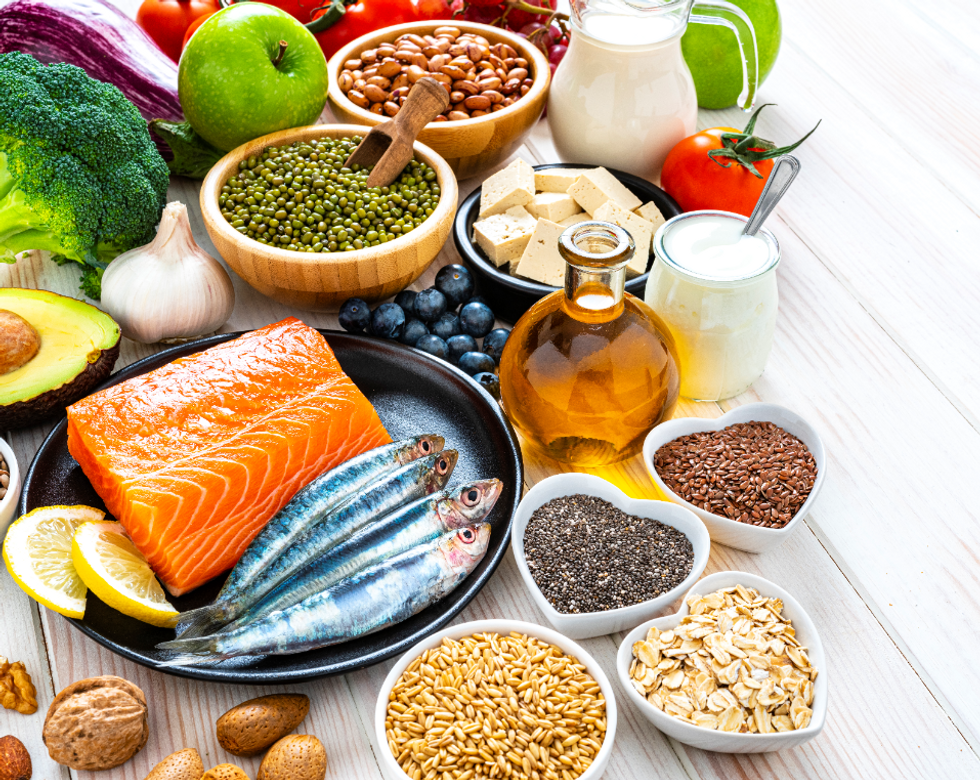 Mediterranean diet foods, including seeds and fruit