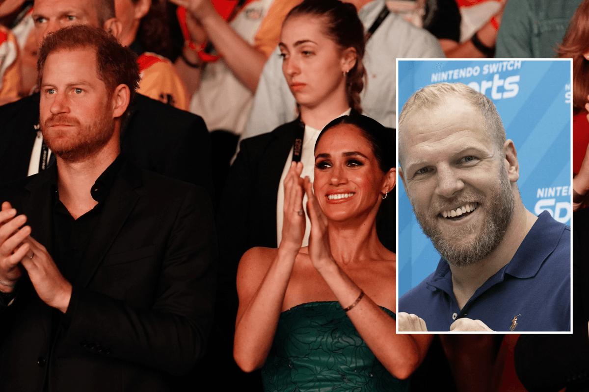 Meghan Markle and Prince Harry. Inset James Haskell