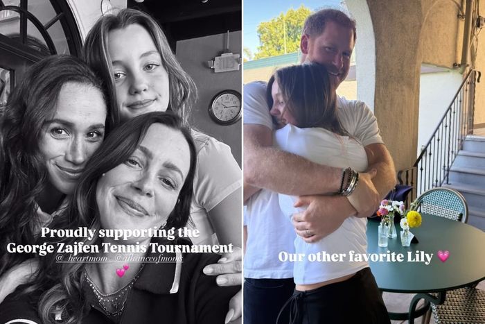 Meghan Markle posing with Kelly McKee Zajfen and Prince Harry hugging Mrs Zajfen's daughter