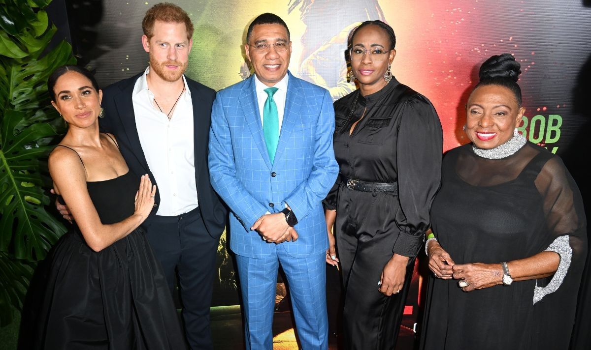 Meghan, Prince Harry, Andrew Holness, Juliet Holness and Olivia Grange