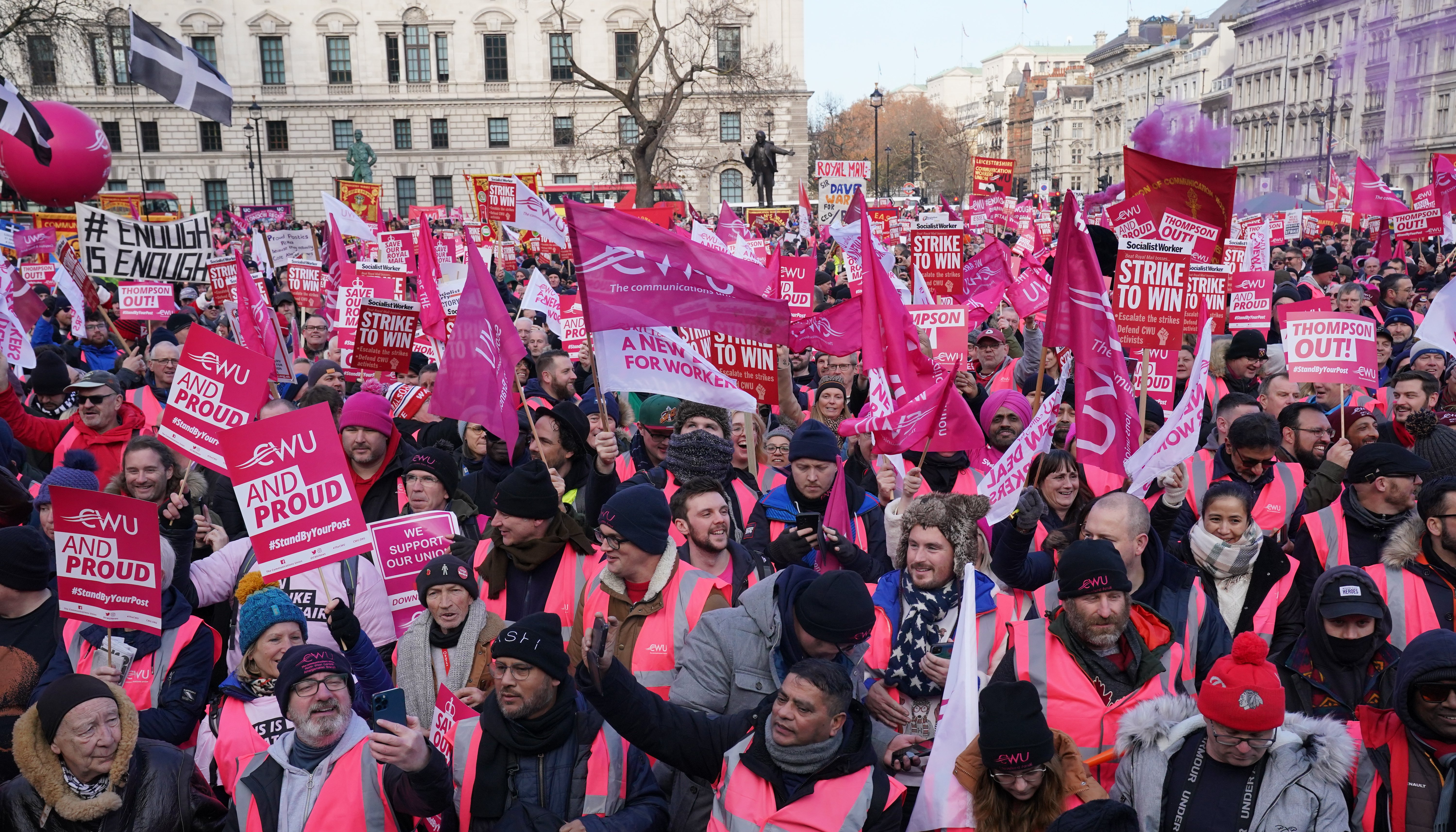 Members of the Communication Workers Union (CWU) hold a rally in Parliament Square, London, as Royal Mail workers mark another strike in the increasingly bitter dispute over jobs, pay and conditions. Picture date: Friday December 9, 2022.