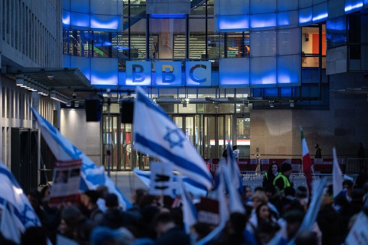 Members of the Jewish community gather outside BBC Broadcasting House to demonstrate against the BBC's ongoing refusal to label Hamas as terrorists