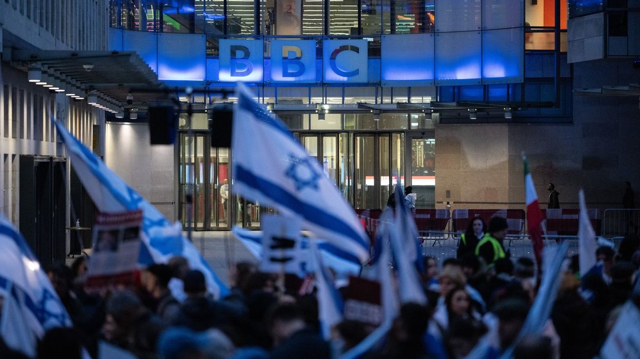 Members of the Jewish community gather outside BBC Broadcasting House to demonstrate against the BBC's ongoing refusal to label Hamas as terrorists