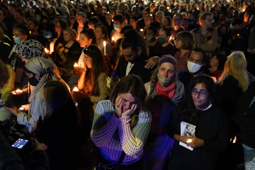 Members of the public attend a vigil in memory of Sabina Nessa, and in solidarity against violence against women, at Pegler Square in Kidbrooke, south London. The body of 28-year-old school teacher Sabina was found near the OneSpace community centre at Kidbrooke Park Road in the Royal Borough of Greenwich on Saturday. Picture date: Friday September 24, 2021.