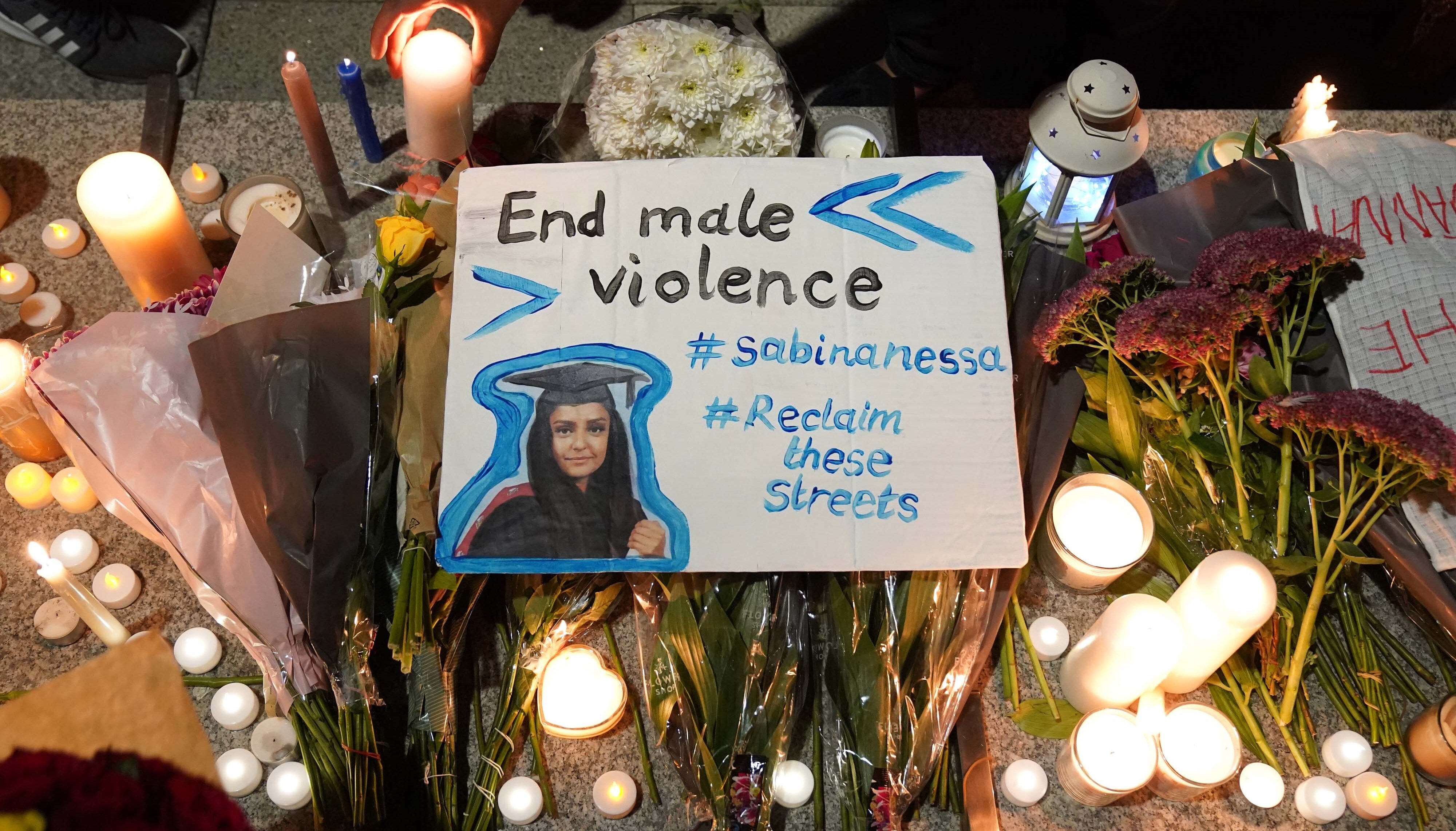 Members of the public attend a vigil in memory of Sabina Nessa, and in solidarity against violence against women, at Pegler Square in Kidbrooke, south London.