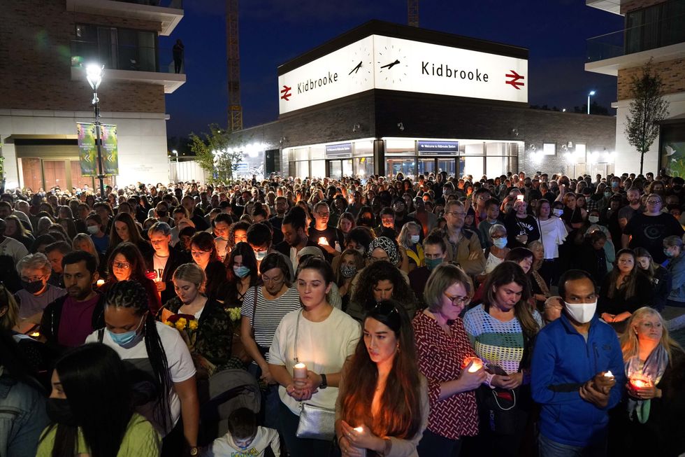 Members of the public attend a vigil in memory of Sabina Nessa, and in solidarity against violence against women, at Pegler Square in Kidbrooke, south London. The body of 28-year-old school teacher Sabina was found near the OneSpace community centre at Kidbrooke Park Road in the Royal Borough of Greenwich on Saturday. Picture date: Friday September 24, 2021.