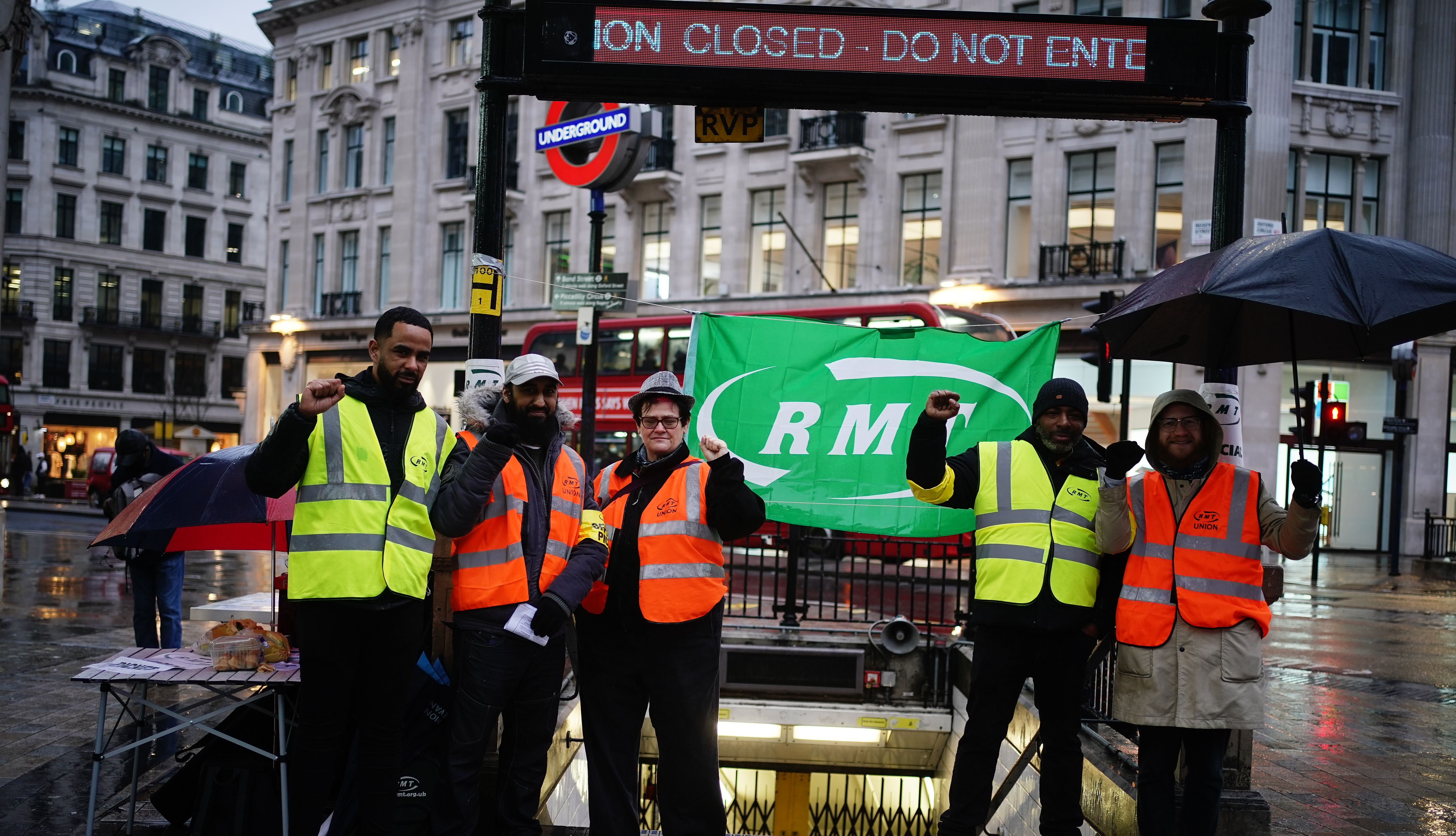 Members of the Rail, Maritime and Transport union on a picket line outside Oxford Street underground station in London during a strike by members of the RMT. Picture date: Tuesday March 1, 2022.