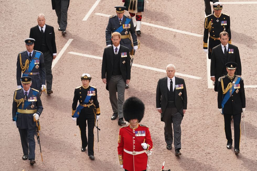 Members of the Royal Family (front left-right) King Charles III, the Princess Royal, the Duke of York, the Earl of Wessex,(second row left-right) the Prince of Wales, the Duke of Sussex and Peter Phillips, (third row left-right) Earl of Snowden, the Duke of Gloucester and Vice Admiral, Sir Timothy Lawrence follow the coffin of Queen Elizabeth II,