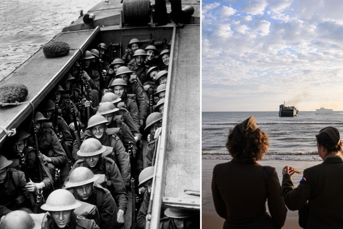 Men of the Royal Marines (L) and two women dressed in military attire D-Day commemorations in France