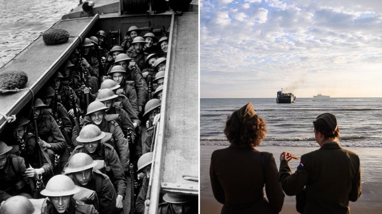 Men of the Royal Marines (L) and two women dressed in military attire D-Day commemorations in France
