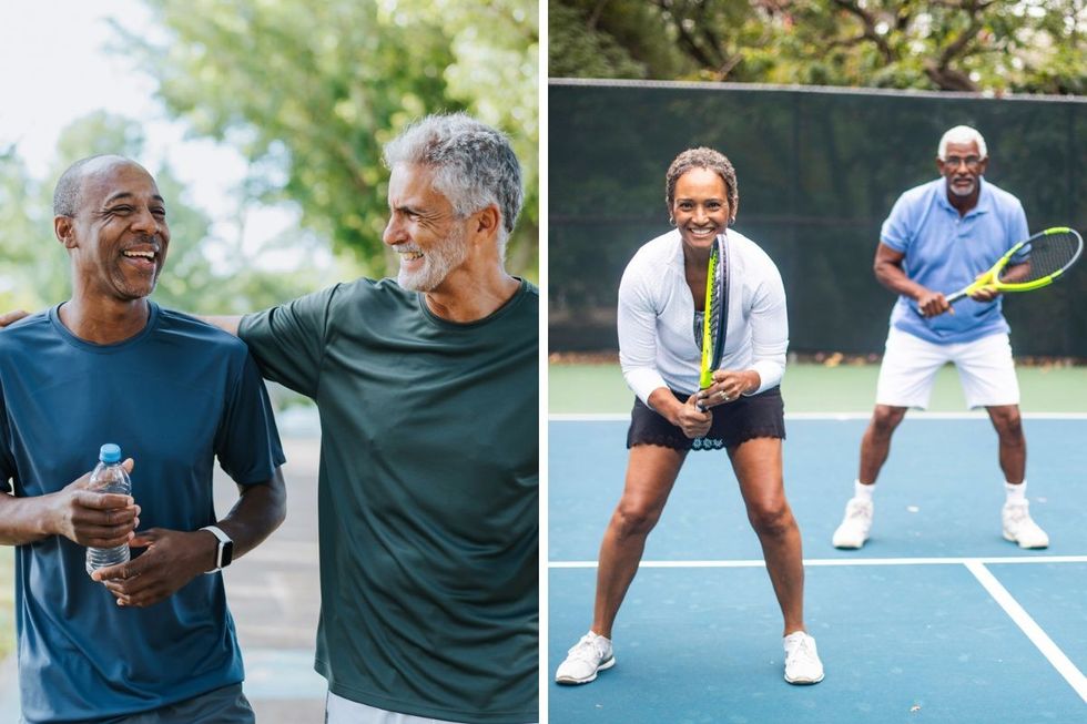 Men walking / Couple playing tennis